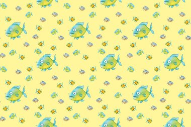 Desen. Balıklarla dolu. Deniz ve nehir balığı. Yatay resim.