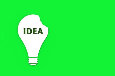 a white bitten light bulb with the inscription idea on a green background. teeth marks stealing an idea. plagiarism. copying other people's works. horizontal image. 3D image. 3D rendering.