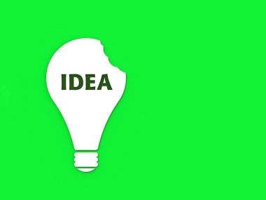 a white bitten light bulb with the inscription idea on a green background. teeth marks stealing an idea. plagiarism. copying other people's works. Square image. 3D image. 3D rendering.
