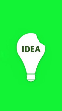 a white bitten light bulb with the inscription idea on a green background. teeth marks stealing an idea. plagiarism. copying other people's works. Vertical image. 3D image. 3D rendering.