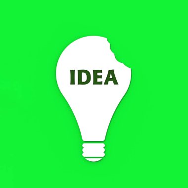 a white bitten light bulb with the inscription idea on a green background. teeth marks stealing an idea. plagiarism. copying other people's works. Square image. 3D image. 3D rendering.