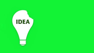 a white bitten light bulb with the inscription idea on a green background. teeth marks stealing an idea. plagiarism. copying other people's works. Square image. 3D image. 3D rendering.