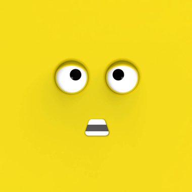 Şirin karakterli sarı bir yüz. Şirin bir yüz. Aptal surat. Duygusal sürpriz. Yatay görüntü. Şaşırmış yüz. 3 boyutlu görüntü. 3B görüntüleme.