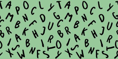 Klavye sembolleri ile şablon. Bir dizi mektup. Yüzey şablonu. Pastel yeşil arka plan. Yatay görüntü. Siteye eklenmek için pankart.