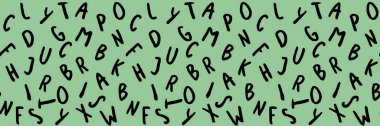 Klavye sembolleri ile şablon. Bir dizi mektup. Yüzey şablonu. Pastel yeşil arka plan. Yatay görüntü. Siteye eklenmek için pankart.