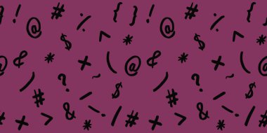 Klavye sembolleri ile desen. Noktalama işaretleri. Yüzeye uygulama şablonu. mor arka plan. Yatay görüntü. Siteye eklenmek için pankart.