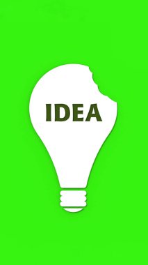a white bitten light bulb with the inscription idea on a green background. teeth marks stealing an idea. plagiarism. copying other people's works. Vertical image. 3D image. 3D rendering.