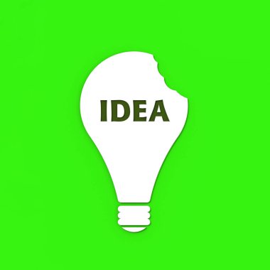 a white bitten light bulb with the inscription idea on a green background. teeth marks stealing an idea. plagiarism. copying other people's works. Square image. 3D image. 3D rendering.