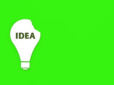 a white bitten light bulb with the inscription idea on a green background. teeth marks stealing an idea. plagiarism. copying other people's works. horizontal image. 3D image. 3D rendering.