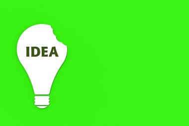 a white bitten light bulb with the inscription idea on a green background. teeth marks stealing an idea. plagiarism. copying other people's works. horizontal image. 3D image. 3D rendering.