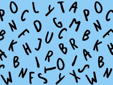 Klavye sembolleri ile şablon. Bir dizi mektup. Yüzey şablonu. Pastel mavi arka plan. Yatay resim.