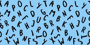 Klavye sembolleri ile şablon. Bir dizi mektup. Yüzey şablonu. Pastel mavi arka plan. Yatay görüntü. Siteye eklenmek için pankart.