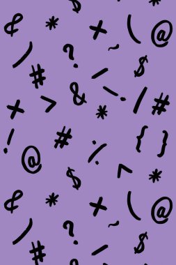 Klavye sembolleri ile desen. Noktalama işaretleri. Yüzeye uygulama şablonu. Pastel menekşe arka plan. Klavye senfonisi. Dikey resim.