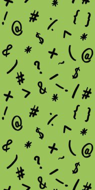 Klavye sembolleri ile desen. Noktalama işaretleri. Yüzeye uygulama şablonu. Bezelye arka planı. Dikey resim.