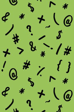 Klavye sembolleri ile desen. Noktalama işaretleri. Yüzeye uygulama şablonu. Bezelye arka planı. Dikey resim.