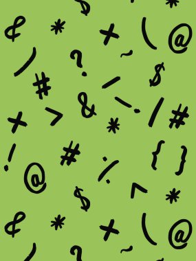 Klavye sembolleri ile desen. Noktalama işaretleri. Yüzeye uygulama şablonu. Bezelye arka planı. Dikey resim.