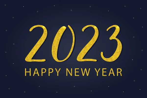 Happy New Year Post Card. 2023 golden handwritten calligraphic numbers. Dark blue background. For greeting card, postcard, invitation, web, banner, print, poster.