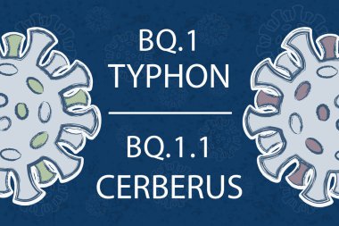 Omicron Thyphon BQ.1 ve Cerberus BQ1.1 'in yeni alt değişkenleri. Koyu mavi arka planda beyaz metin. Coronavirus proteinlerinin farklı renkleri farklı mutasyonları sembolize eder..