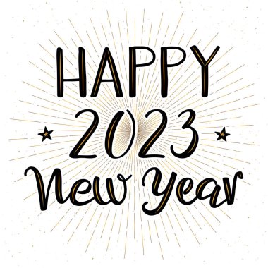 Mutlu yıllar 2023 tebrik kartı. El yazısıyla modern fırça mürekkebi kaligrafisi. Harflerde altın parıltı ve arka planda havai fişekler. Yeni yıl arifesi selamı..