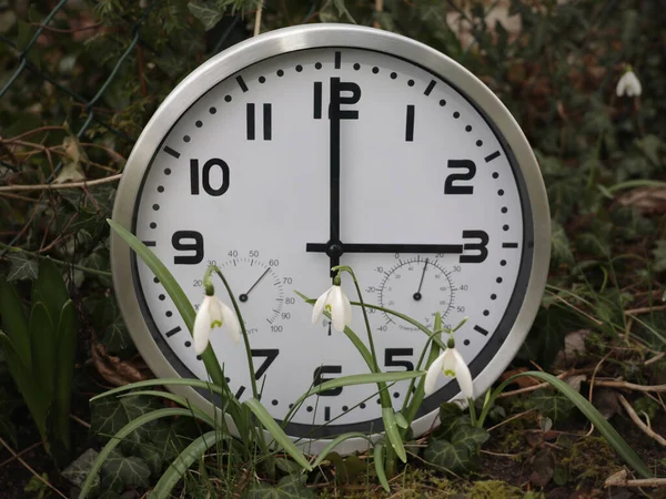 Orologio Che Mostra Tre Ore Piedi Bucaneve Fuori Primavera Simbolo — Foto Stock