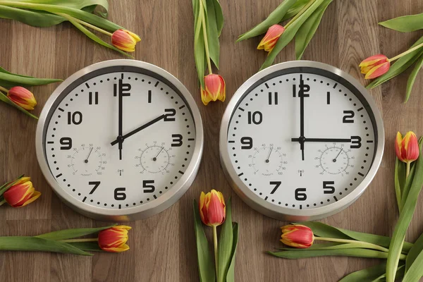 Two clocks, one showing two o\'clock, the other showing three o\'clock. Tulips lie around. Time change symbol. Daylight saving time. Moving the hands forward.