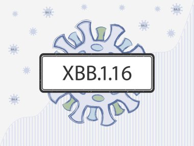XBB1.16 işareti. Coronovirus ve farklı renkte proteinler mutasyonları sembolize ediyor. Covid-19 istatistiklerinin arka planına karşı yeni Omicron alt değişkeni. Takma adı: Arcturus.