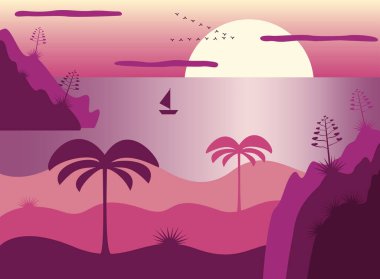 Deniz, palmiye ağaçları, gökyüzü ve güneş düz bir şekilde. Kayalar, agaveler, bir tekne ve ufukta uçan kuşlar. Günbatımının pembe ve mor renkleri. Yüz maskesi, tişört, elbise ve daha fazlası için moda tasarımı.