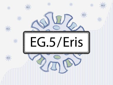 EG5 / Eris işareti. Coronovirus ve farklı renkte proteinler mutasyonları sembolize ediyor. covid-19 durum istatistiklerinin arka planına karşı yeni Omicron alt değişkeni. 
