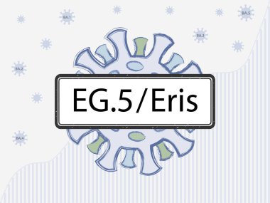 EG.5 / Eris in the sign. Coronovirus with spike proteins of a different color symbolizing mutations. New Omicron subvariant against the background of covid-19 case statistics.  clipart