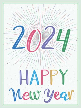 Mutlu yıllar tebrik kartı. 2024, renkli havai fişeklerin arka planında. El yazısıyla modern fırça mürekkebi kaligrafisi. Yeni yıl arifesi selamı..