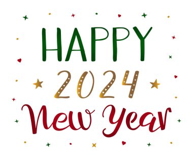 Mutlu yıllar 2024 el yazısıyla modern fırça kaligrafisi. Kırmızı, yeşil, altın kaligrafik vektör metni kalpler ve yıldızlarla süslenmiş. Wihte 'de izole edilmiş. Tebrik kartı, kartpostal..