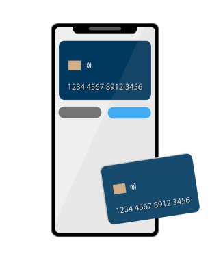 Akıllı telefon ve kredi kartı, bağlantısız ödeme. Cep telefonuyla ödeme kavramı, online alışveriş, online bankacılık. Tasarım şablonu, model, NFC aygıtı. Beyaz üzerine izole edilmiş vektör illüstrasyonu.