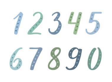 Numbers 1, 2, 3,  4, 5, 6, 7, 8, 9, 0 handwritten lettering with thick and thin lines. Blue and green figures decorated with patterns on white background. Festively decorated digits. One, two, three, four, five, six, seven, eight, nine, zero.