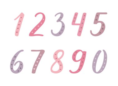 Numara 1, 2, 3, 4, 5, 6, 7, 8, 9, 0 kalın ve ince çizgili el yazısı. Beyaz arka planda desenlerle süslenmiş pembe ve mor figürler. Şenlikli parmaklar. Kız paleti.