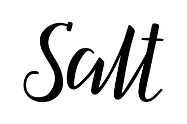 Tuz. El yazısıyla yazılmış harfler. İngilizce yazıtlar. Modern fırça mürekkebi el yazısı. Beyaz arka planda siyah izole kelime. Vektör metni. Mutfak baharatları için etiket.