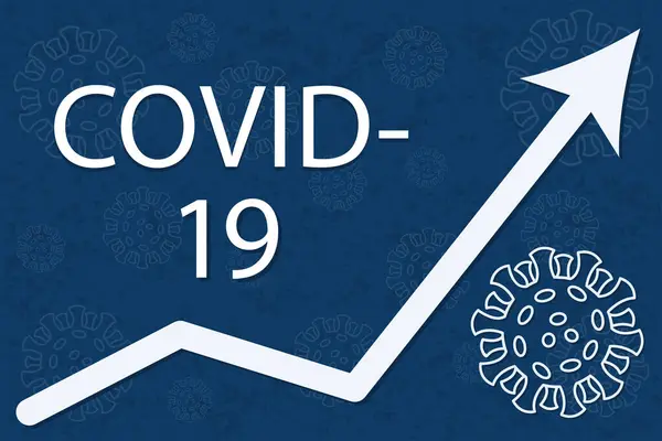 stock vector COVID-19 inscription. The arrow shows a dramatic increase in disease. White text on dark blue background with images of coronavirus. Illustration for a news story about covid and its new strains.