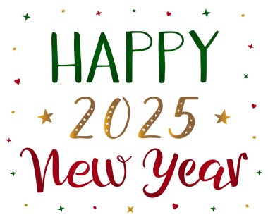 Mutlu yıllar 2025 el yazısıyla modern fırça kaligrafisi. Kırmızı, yeşil, altın kaligrafik vektör metni kalpler ve yıldızlarla süslenmiş. Wihte 'de izole edilmiş. Tebrik kartı, kartpostal..