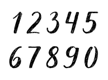 1, 2, 3, 4, 5, 6, 7, 8, 9, 0 el yazısıyla modern fırça kaligrafisi. Fırça boyamasının etkisi. Beyaz arkaplanda ince ve kalın çizgileri olan siyah parmaklar.