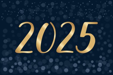 Büyük altın el yazısıyla yazılmış rakamlar 2025. Mutlu yıllar kartı. Bokeh efektli koyu mavi arka planda. Bayram tasarımı, mevsimlik selamlar ve yeni yıl kutlaması..