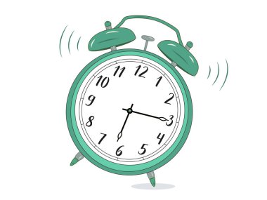 Illustration of a classic mechanical alarm clock with two bells and a hammer clanging. The clock face shows 6:15 AM, with motion lines indicating the ringing effect. Simple design on a white background. Jingling, buzzing, alarming, chiming.