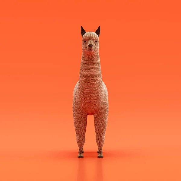 Alpaca doll, stuffed animal made of fabric single animal from front view, brown monochrome animal in an orange studio, 3d rendering, nobody