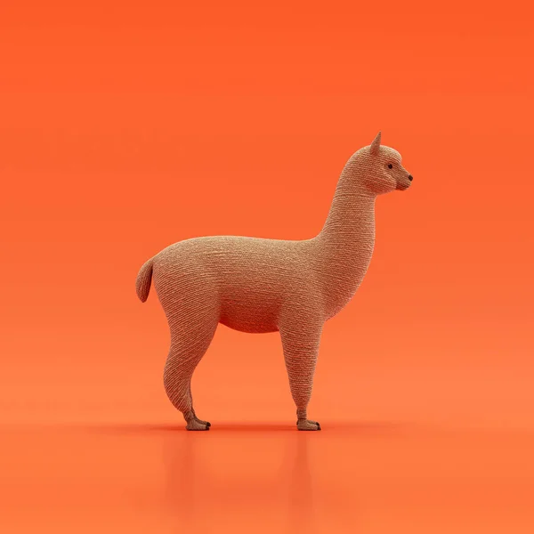 Alpaca doll, stuffed animal made of fabric single animal from side view, profile, brown monochrome animal in an orange studio, 3d rendering, nobody