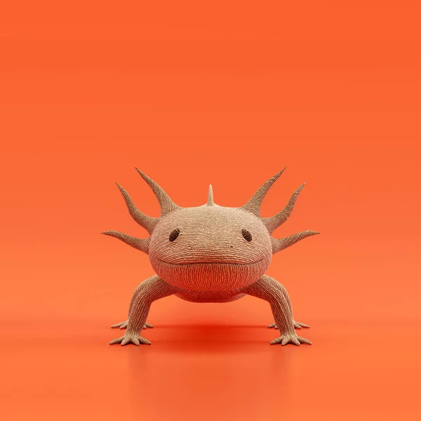 Axolotl doll, stuffed animal made of fabric single animal from front view, brown monochrome animal in an orange studio, 3d rendering, nobody