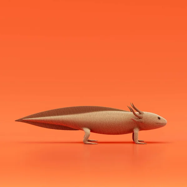 Axolotl doll, stuffed animal made of fabric single animal from side view, profile, brown monochrome animal in an orange studio, 3d rendering, nobody