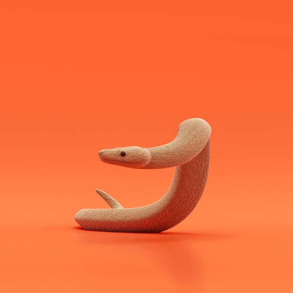 Boa constrictor doll, stuffed animal made of fabric single animal from angle view, brown monochrome animal in an orange studio, 3d rendering, nobody