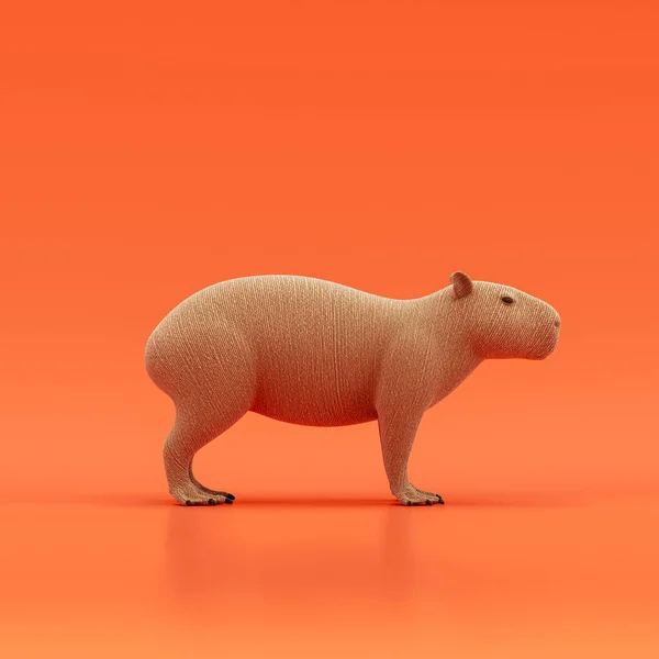 Capybara doll, stuffed animal made of fabric single animal from side view, profile, brown monochrome animal in an orange studio, 3d rendering, nobody