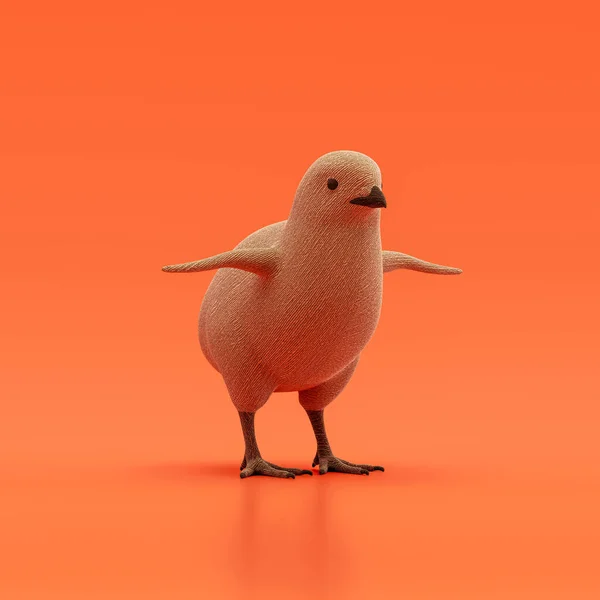 Chick doll, stuffed animal made of fabric single animal from angle view, brown monochrome animal in an orange studio, 3d rendering, nobody