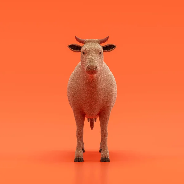Cow doll, stuffed animal made of fabric single animal from front view, brown monochrome animal in an orange studio, 3d rendering, nobody