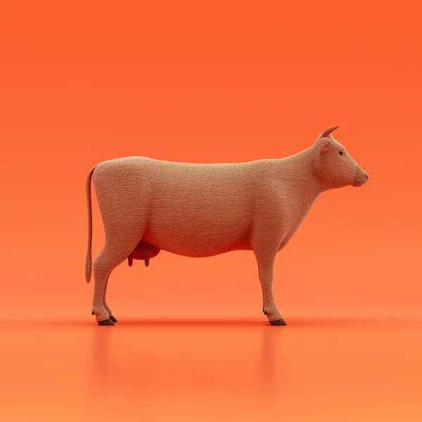 Cow doll, stuffed animal made of fabric single animal from side view, profile, brown monochrome animal in an orange studio, 3d rendering, nobody