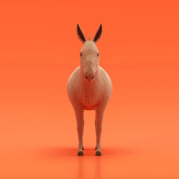 Donkey doll, stuffed animal made of fabric single animal from front view, brown monochrome animal in an orange studio, 3d rendering, nobody